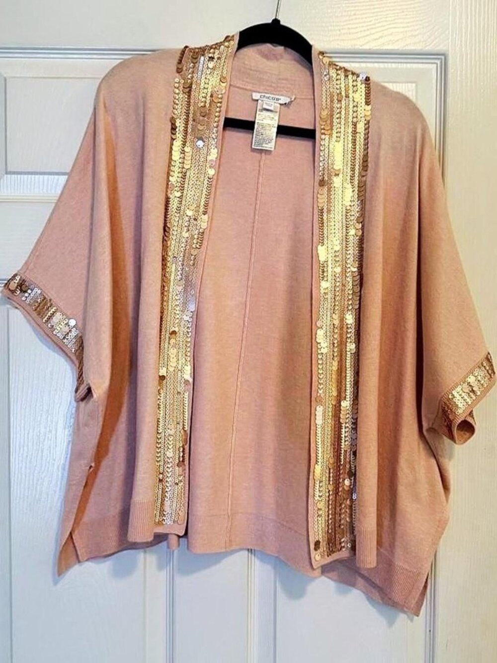 Chico's Soft Pink Open-Front Cardigan Sweater Gold Sequin Trim Women's SM/Medium